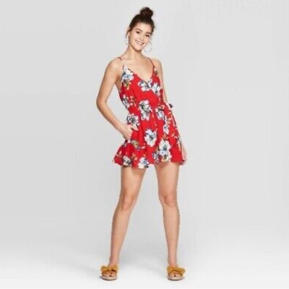 New Red Floral Romper (with pockets)